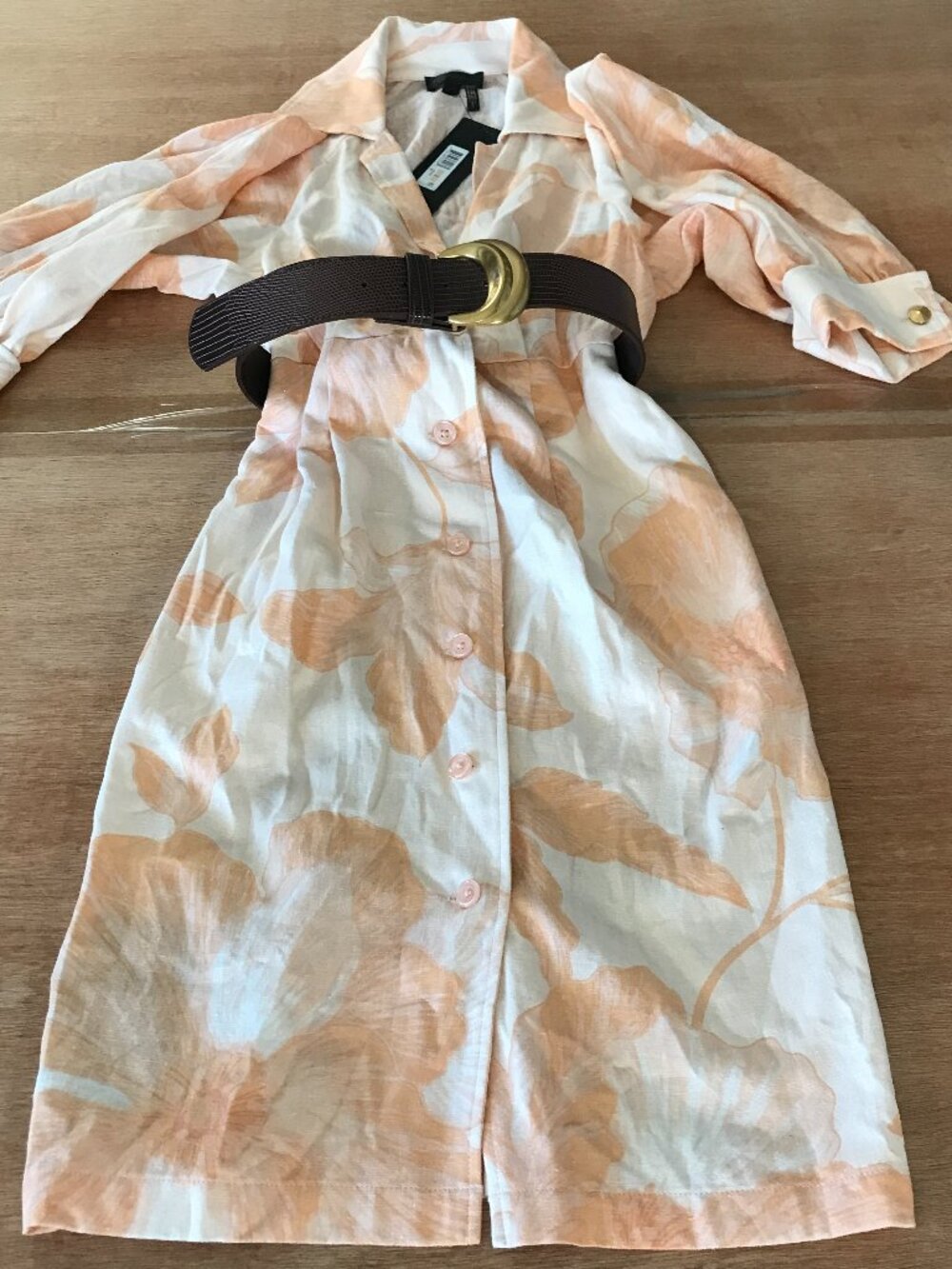 Donna Karan Shirt Dress Women 2 Orange Floral Belted Button Up Linen Blend Midi